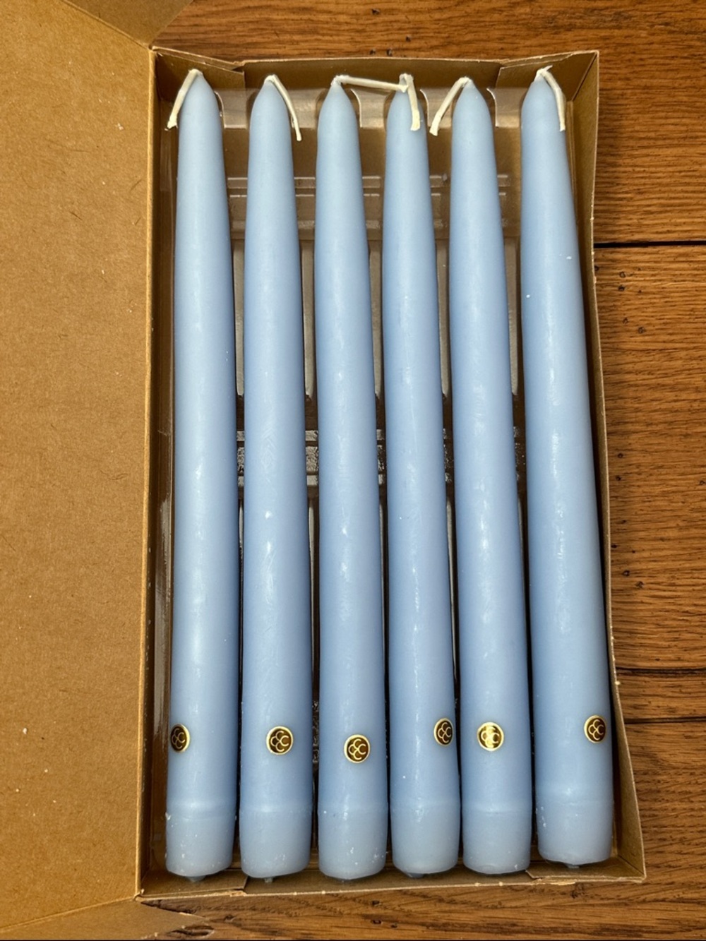 PartyLite Set of Six Light Blue Taper Candles with Gold Seals